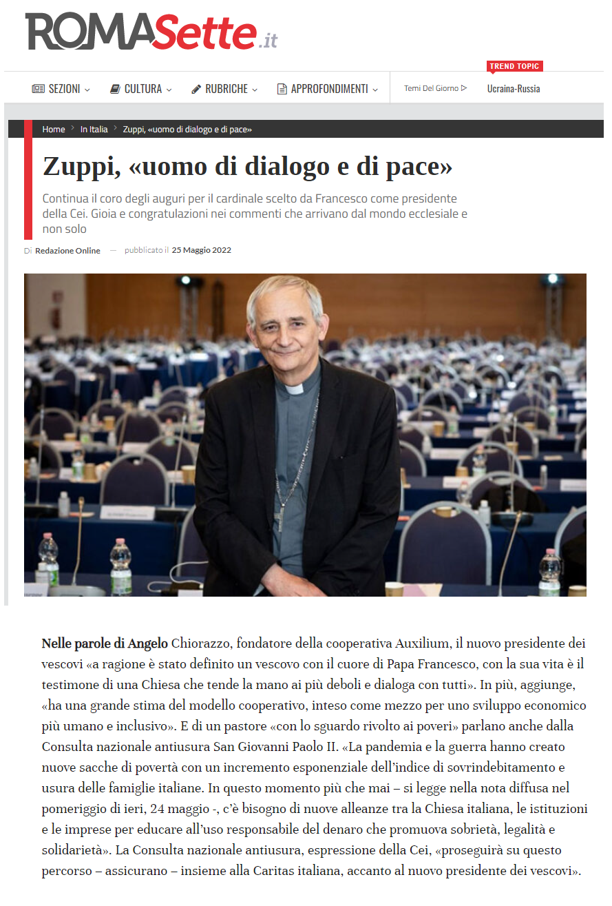 Roma Sette, gli auguri della Cooperativa Auxilium al Cardinale Zuppi
