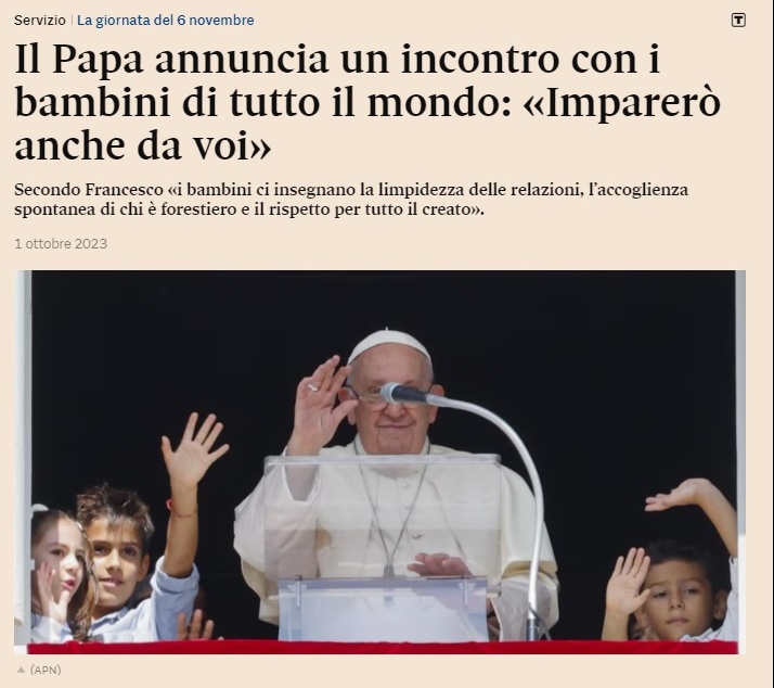 Il Sole24Ore: Il Papa annuncia un incontro con i bambini di tutto il mondo