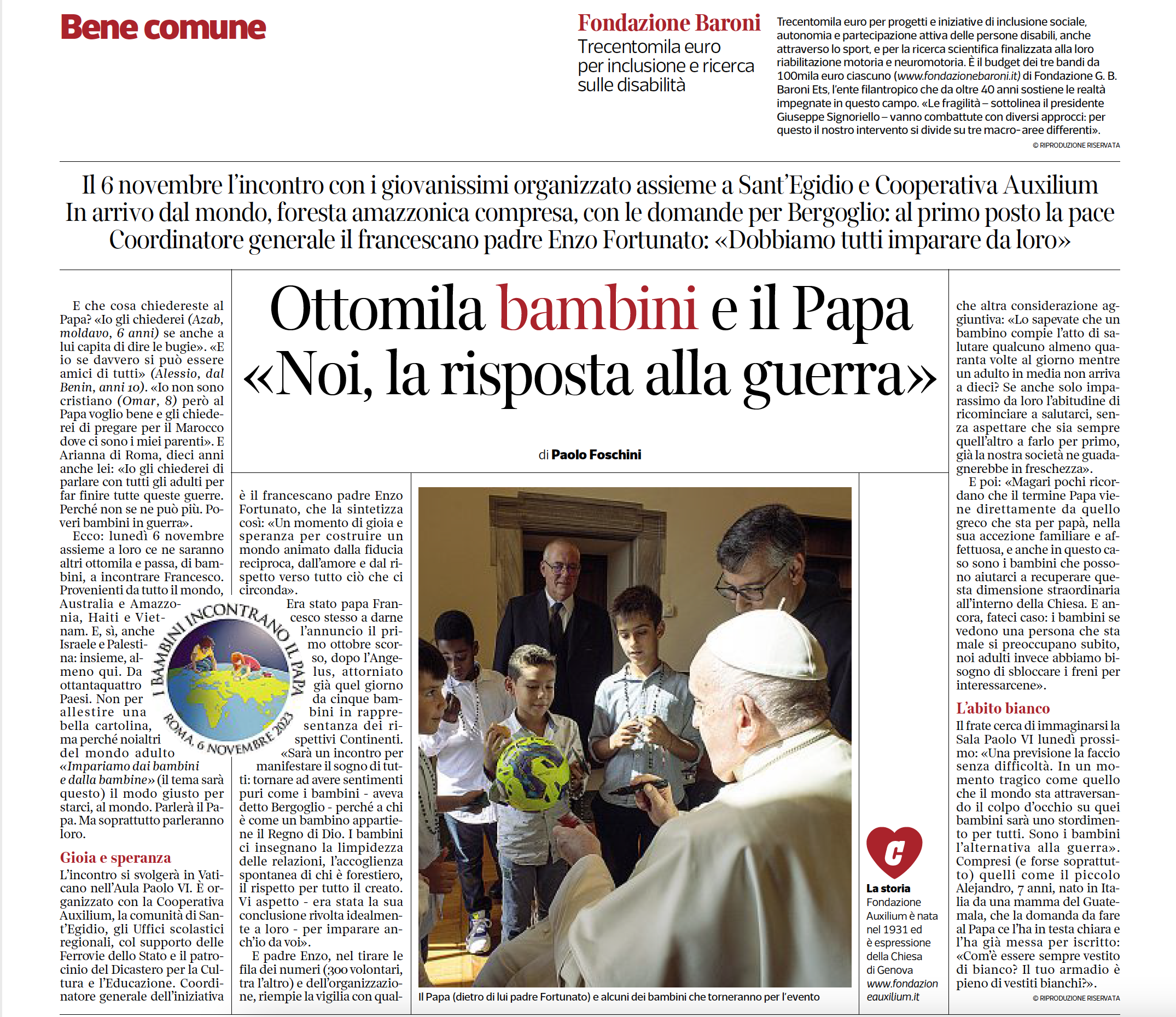 Il Corriere della Sera sull'evento "I bambini incontrano il Papa" promosso da Auxilium