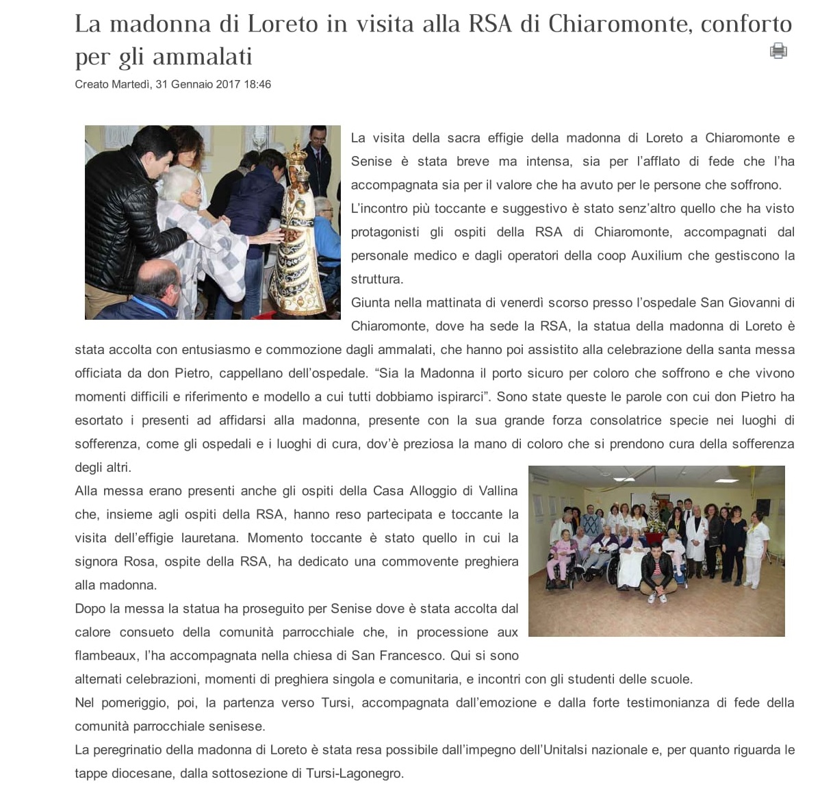 La Madonna di Loreto in visita alla RSA di Chiaromonte